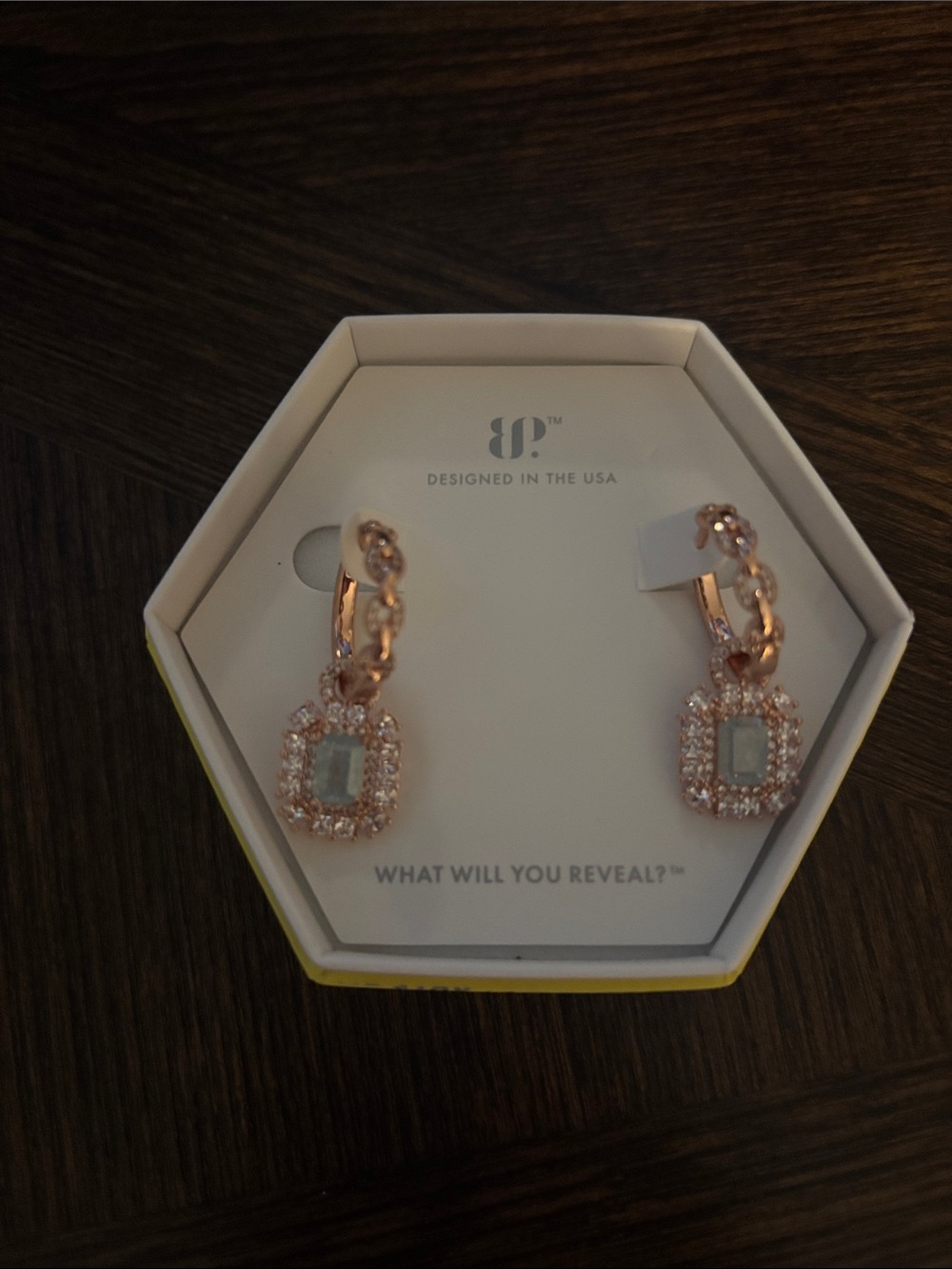 BP Rose Gold Drop Earrings with Lab Created Light Aqua Ice Crystal
